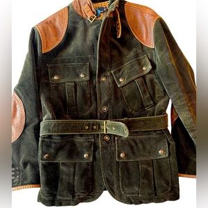 GRAIL Ralph Lauren Polo Green Corduroy Leather Accents Hunting Safari Jacket